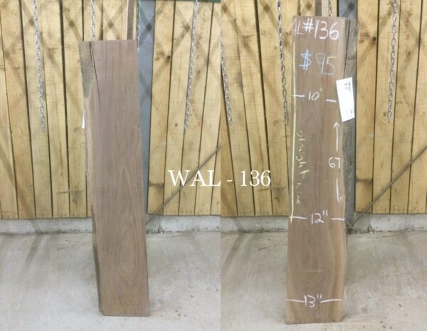 two large wooden slabs on wooden stands white text Walnut 136