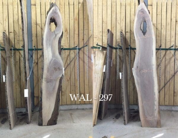 wooden slabs and planks against a wall with WAL 297 white text