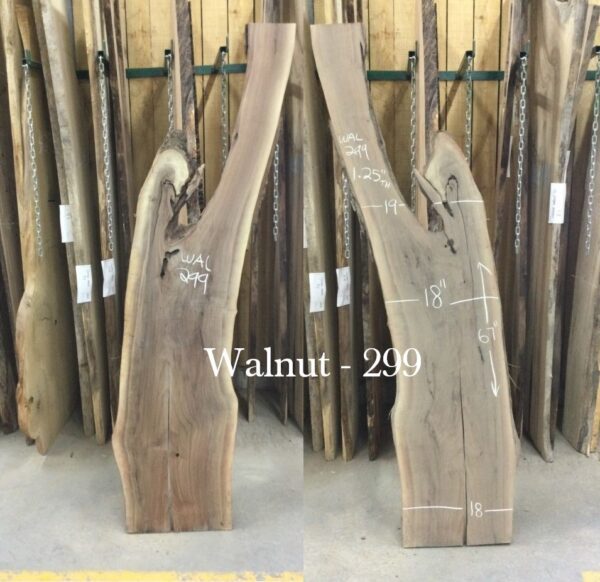 two large wooden slabs on wooden stands white text Walnut 299