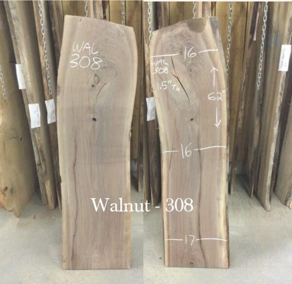 two large wooden slabs on wooden stands white text Walnut 308